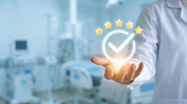 Doctor presenting glowing check mark and star rating symbol for excellent medical service