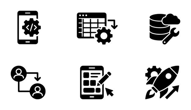 Technology Icons Set: Mobile App Development, Database Management, Workflow Automation, User Flow, UI Design, Startup Launch