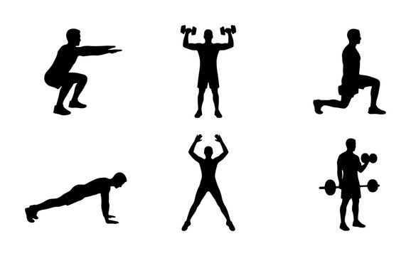 Fitness Silhouette Icons Set: Dynamic Workout Poses for Health and Wellness Graphics, Exercise Movements Collection, Strength Training Vector Art