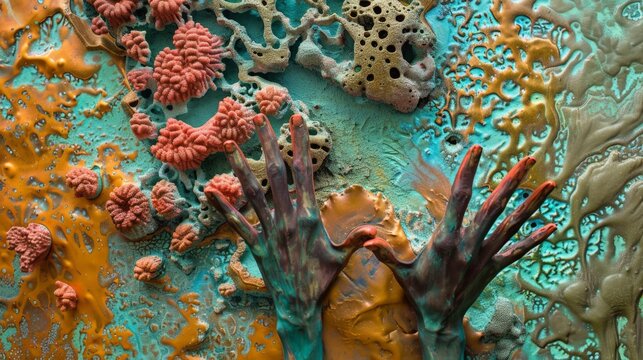 Emerald seas cradle coral colonies and alien hands. Tendrils pulse with vibrant hues of orange and turquoise. Hands reach out, textured and mysterious, from submerged depths. The scene evokes wonder