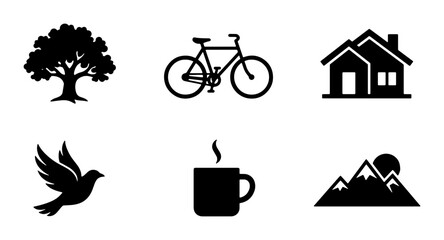 Vector Icons: Tree, Bicycle, House, Bird, Coffee Cup, Mountain Landscape - Simple Black Silhouettes for Lifestyle and Nature Themes © Belal