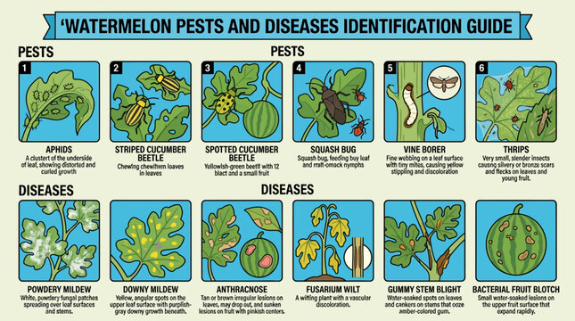 Informative educational infographic photograph showing various common watermelon plant pests and diseases with detailed visual illustrations and descriptive text labels