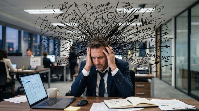 Overwhelmed businessman with sketches representing stress in office