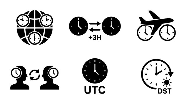 Global Time Zones, Travel Time, and Daylight Saving Icons: Vector Set for Business and Technology