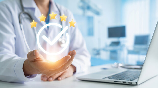 Doctor in hospital presenting check mark badge for trusted healthcare and professional service