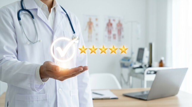 Healthcare quality concept with doctor holding check icon and five stars in modern hospital