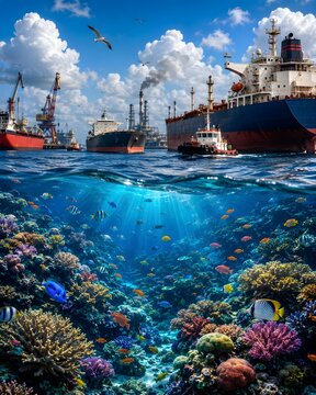 Colorful coral reef with tropical fish and cargo ships in harbor under sunny sky