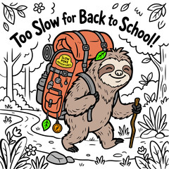 Naklejka premium Funny Sloth Hiking Illustration with Back to School Quote
