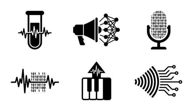 AI and Machine Learning Icons: Neural Network, Audio Analysis, Digital Signal Processing, and Music Technology Vector Set