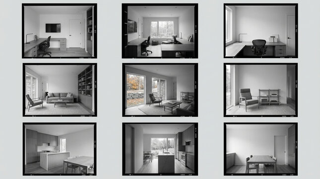 Modern home interior contact sheet showing architectural design