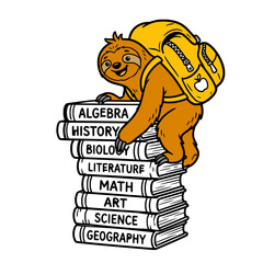 Naklejka premium Cute Sloth Climbing Stack of School Books Vector Illustration