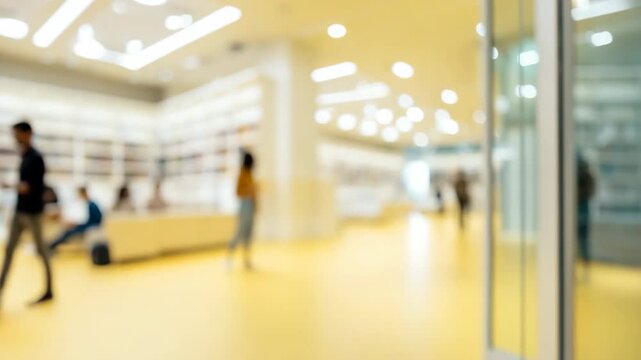 People moving through blurred library interior near shelving area