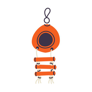 Hanging bird nest house with rope ladder, flat cartoon pet accessory for parrots and budgies. Coconut hideout with climbing rungs, carabiner hook, cage enrichment, bird shelter vector illustration