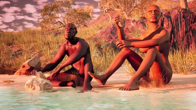 Homo erectus ancestor standing in prehistoric savanna landscape, human evolution and ancient hominid species education video.
