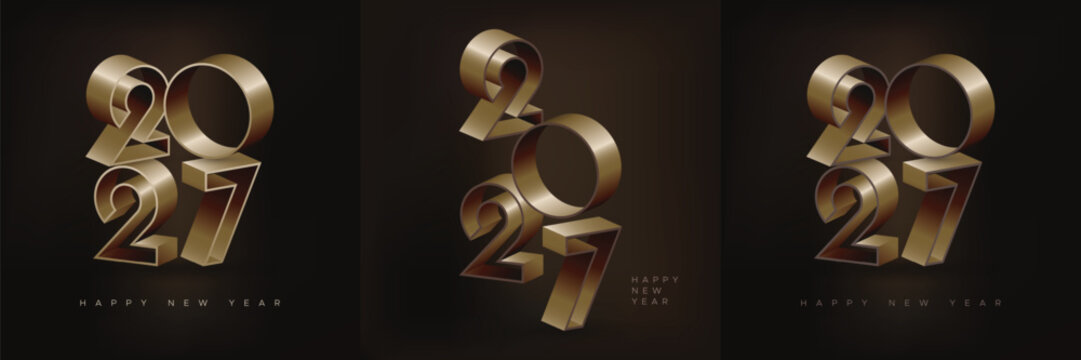 Luxury Golden 2027 New Year Typography Poster Set with Elegant 3D Metallic Numbers on Dark Background