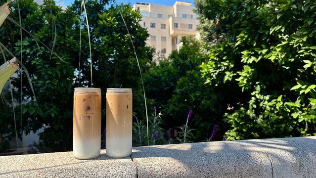 Two iced coffee cans on stone ledge with green trees and residential building in sunny urban background
