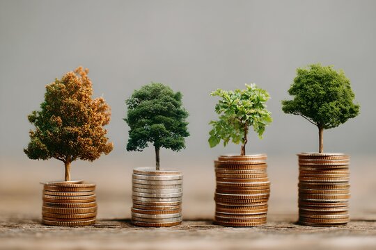 Financial Growth represented by coins and miniature trees, symbolizing financial investment and profit. The trees each show different stages of growth