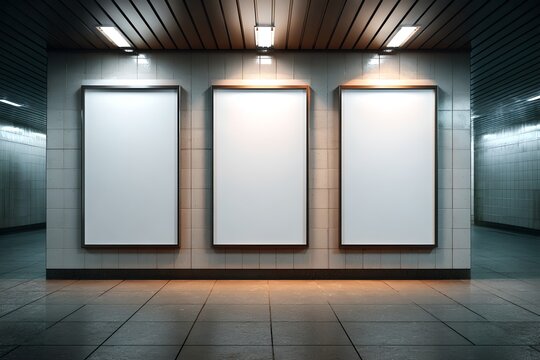 Three blank posters in a subway station setting, ready for advertisements