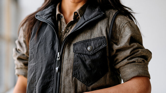 Adult with limb difference wears a reversible adaptive vest with single-handed zipper pull, standing against sterile white background, clean product styling, perfect for adaptive fashion design, one