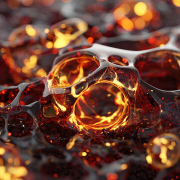 Close-up of melting glass marbles with vibrant fiery orange and amber colors on dark reflective surface