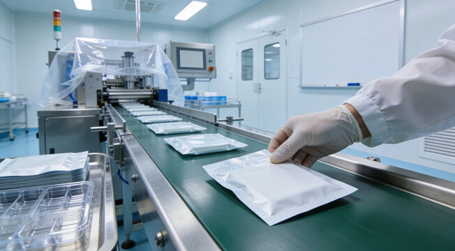 Automated packaging line in a sterile cleanroom environment with gloved hand