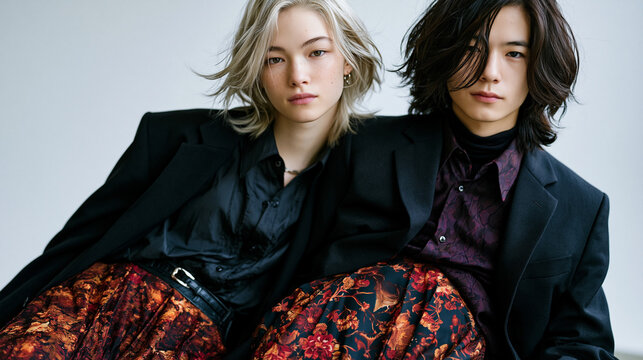 Gender fluid editorial: two models swap garments mid-change, one in half-worn men's blazer and floral skirt, against sterile white background, striking asymmetry, perfect for genderless fashion edit