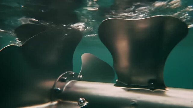 Underwater view of turbine blades and a silver pipe with bubbles rising to the surface