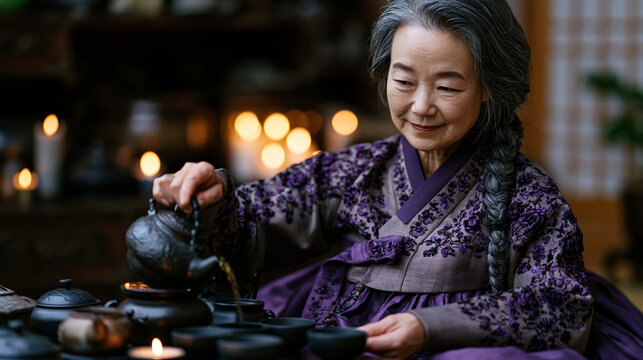 Korean grandmother in jeogori and chima hanbok pours tea in a lacquered interior, embroidered silk catching candlelight, perfect for traditional Korean dress, cultural celebration fashion, and conte