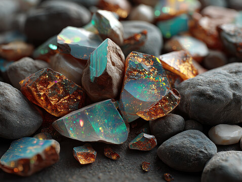 Colorful iridescent opal stones and natural rocks scattered on a dark background with detailed textures and vibrant reflections