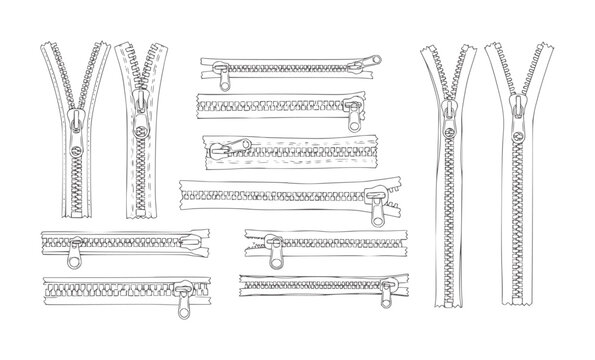 Collection of line of various zippers metal plastic fastener closure