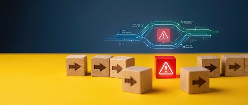 Warning signal action with alert blocks and digital graphics modern business environment conceptual image of risk management and technology solutions