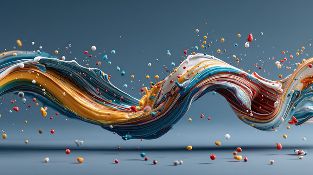 Colorful abstract paint splash with swirling patterns and vibrant droplets exploding across a gray background