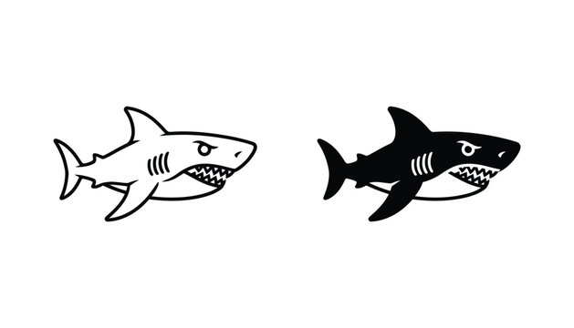 Great white shark icon in aggressive pose in outline and solid black silhouette for ocean themed graphic designs