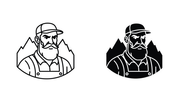 Bearded mountain man icon set featuring rugged outdoorsman character with mountain background in line art and solid black silhouette styles for adventure and lifestyle branding
