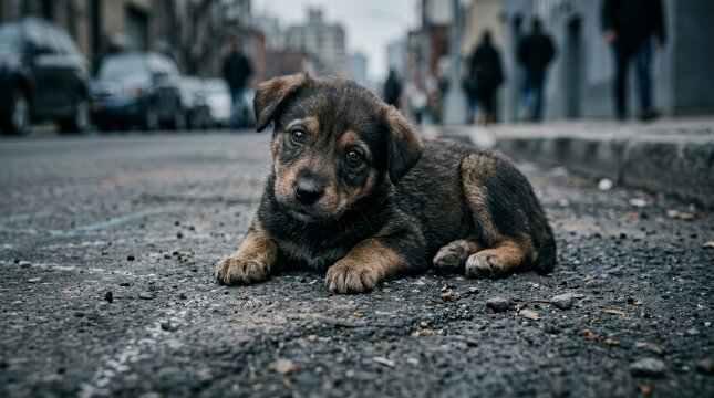 Innocuous forsaken dog sitting alone on a street highlighting animal abandonment.