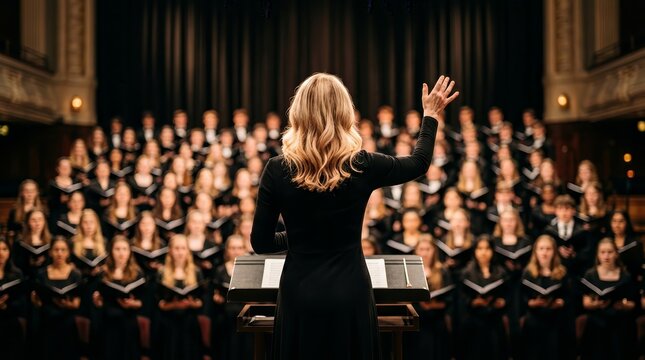 Blonde woman conductor in black attire leading a choir of students from behind.