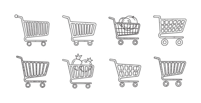 Eight hand drawn shopping carts with various contents and styles trolley grocery