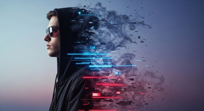 Cinematic Portrait of a Man with a Blue Digital Pixel Disintegration Effect
