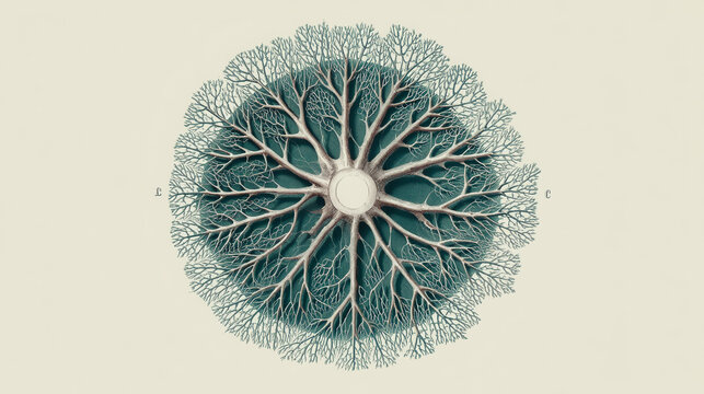 Intricate Tree Structure Illustration with Detailed Roots and Branches in Symmetrical Circular Design