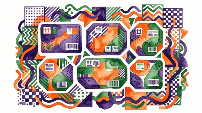 Abstract watercolor logistics illustration, global shipping and delivery network, modern supply chain management, vibrant packaging and parcel tracking concept