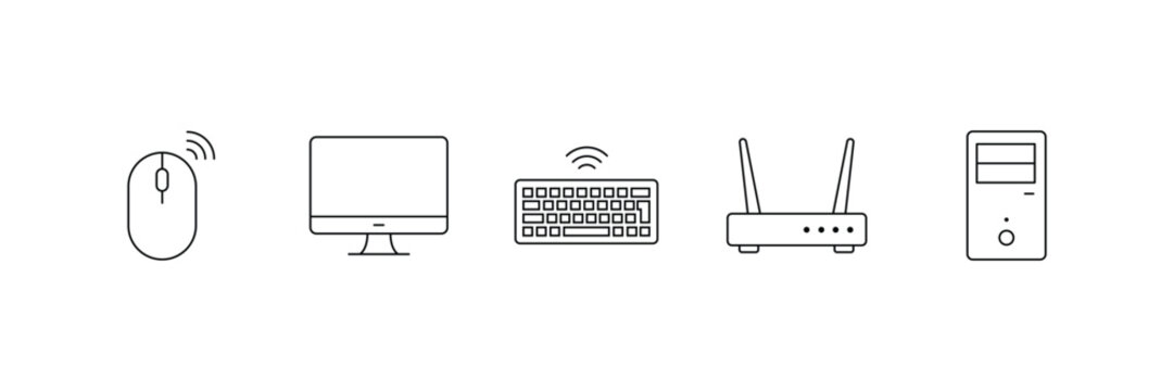 Computer wireless mouse monitor keyboard router and PC tower hardware technology minimal line art icon set.