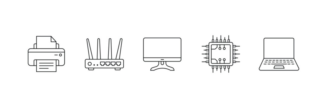 Computer printer wireless router monitor CPU and laptop hardware technology minimal line art icon set.