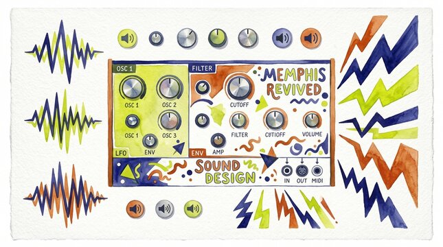 Memphis Revived sound design illustration, a vibrant retro-futuristic audio synthesizer panel with colorful sound waves, perfect for music production and creative audio projects.