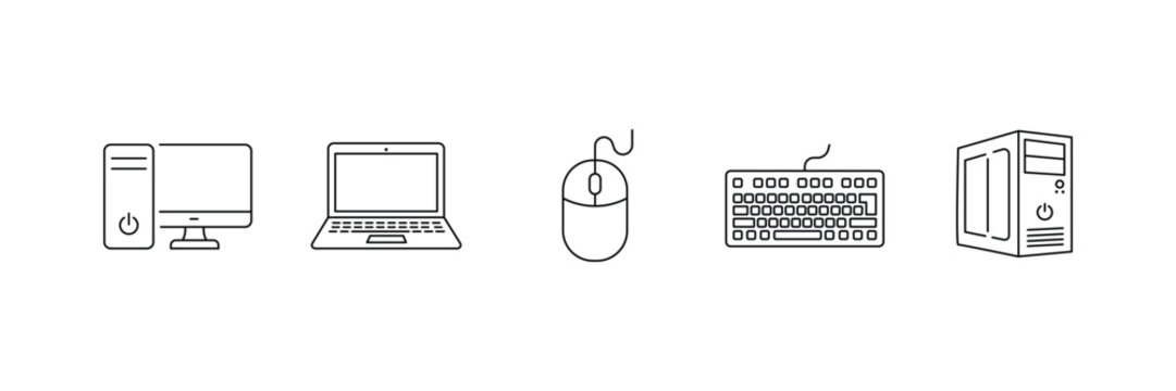 Computer desktop laptop mouse and keyboard hardware technology minimal line art icon vector illustration set.