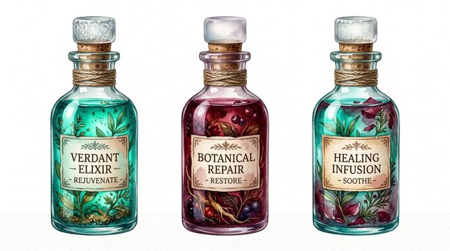 Three vintage botanical elixir bottles, a set of hand-drawn healing potions, verdant elixirs, and botanical repair infusions for natural wellness and witchcraft concepts.