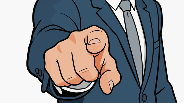 A close-up cartoon illustration of a suited businessman pointing directly towards the viewer against a plain white background.