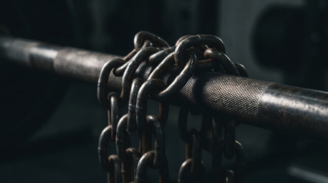 close-up of rusty metal chain wrapped around iron bar in dark moody lighting