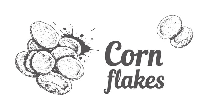 Hand drawn corn flakes with ink splatter and text cereal breakfast food