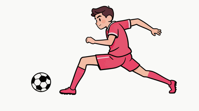 A cartoon illustration shows a young male athlete in pink soccer uniform kicking a classic black and white soccer ball on a plain white background.