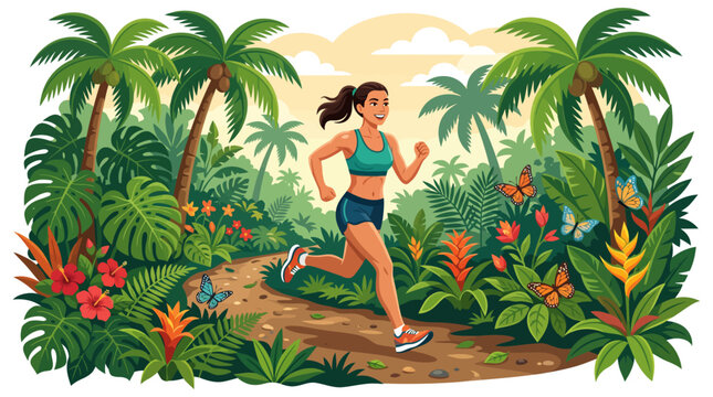 Running in Tropical Jungle Woman Exercises on Nature Trail Artwork